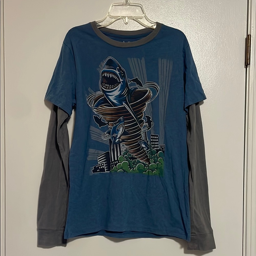 JEM Long Sleeve Blue and Gray Tee with Shark Graphic